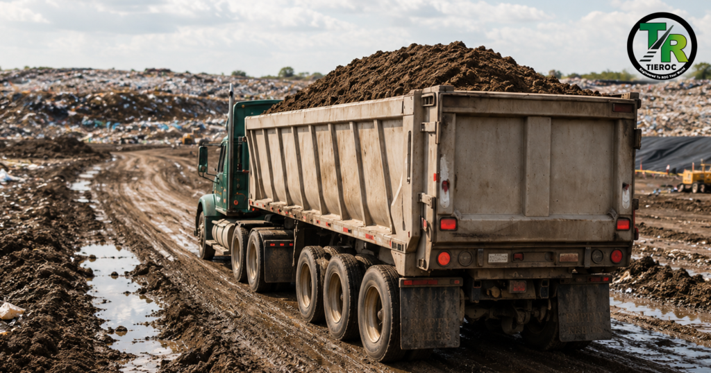 Dump truck hauling material through a muddy landfill road for TIEROC alternative daily cover backhaul operations.